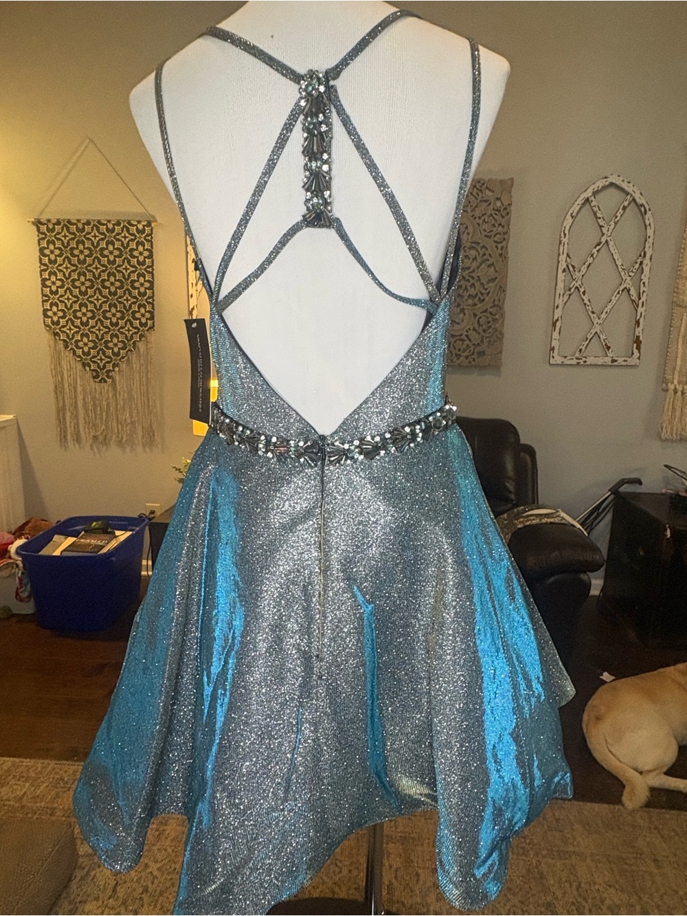 Sherri Hill Silver/green Iridescent Glitter Party Dress with Jeweled Waist - Picture 3 of 5